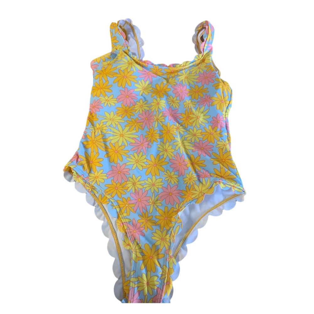 Multicolor Blue Yellow Retro Floral Scallop Hem One Piece Lined Swimsuit New - Picture 6 of 13